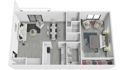 A top-down view of a house interior with a kitchen, living room, and bedrooms.